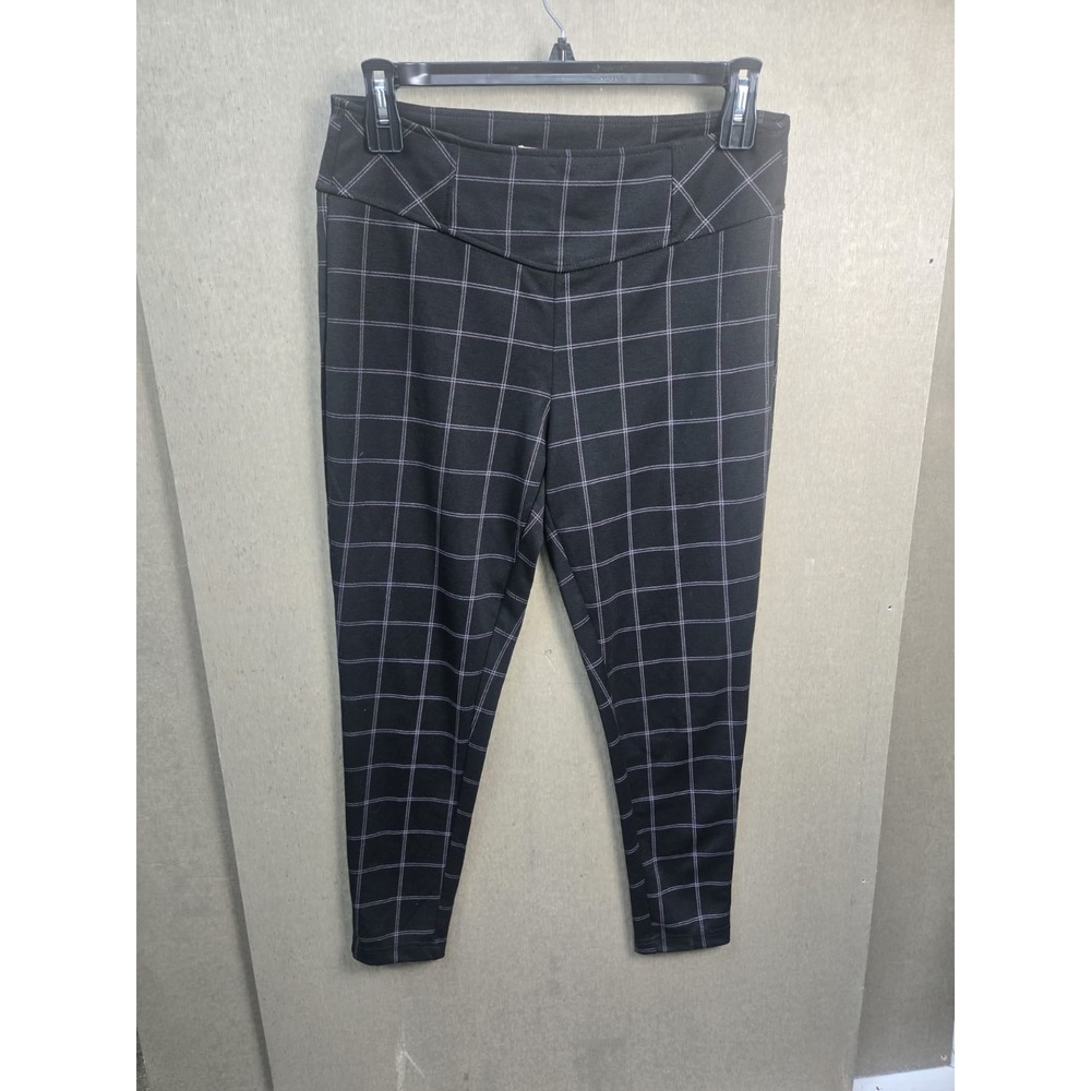 Hope & Harlow Women's Black Windowpane Plaid Pull-On Pants Size Large Stretch